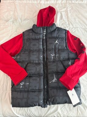 Jordan Black Puffer Vest with Red Hoodie Layer